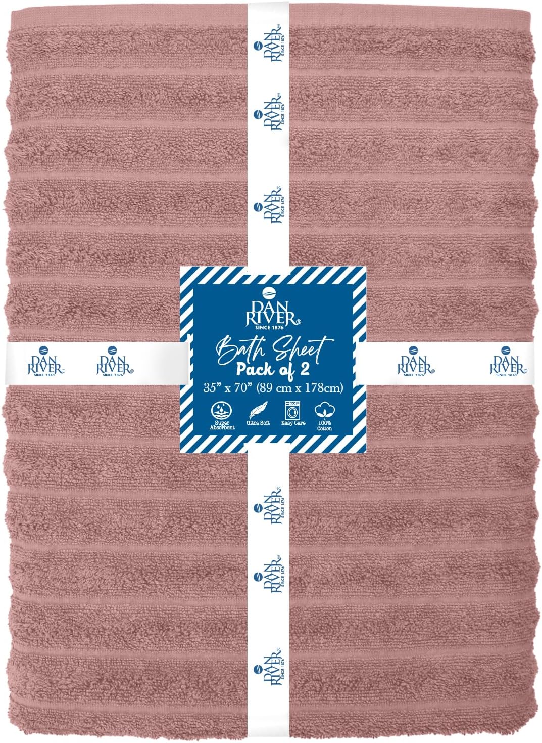 Dan River Pack of 2 Bath Sheet 35x70 Inches, Ribbed Oversized Towels for Adults, Quick Dry Plush Bath Towels - Dusty Rose