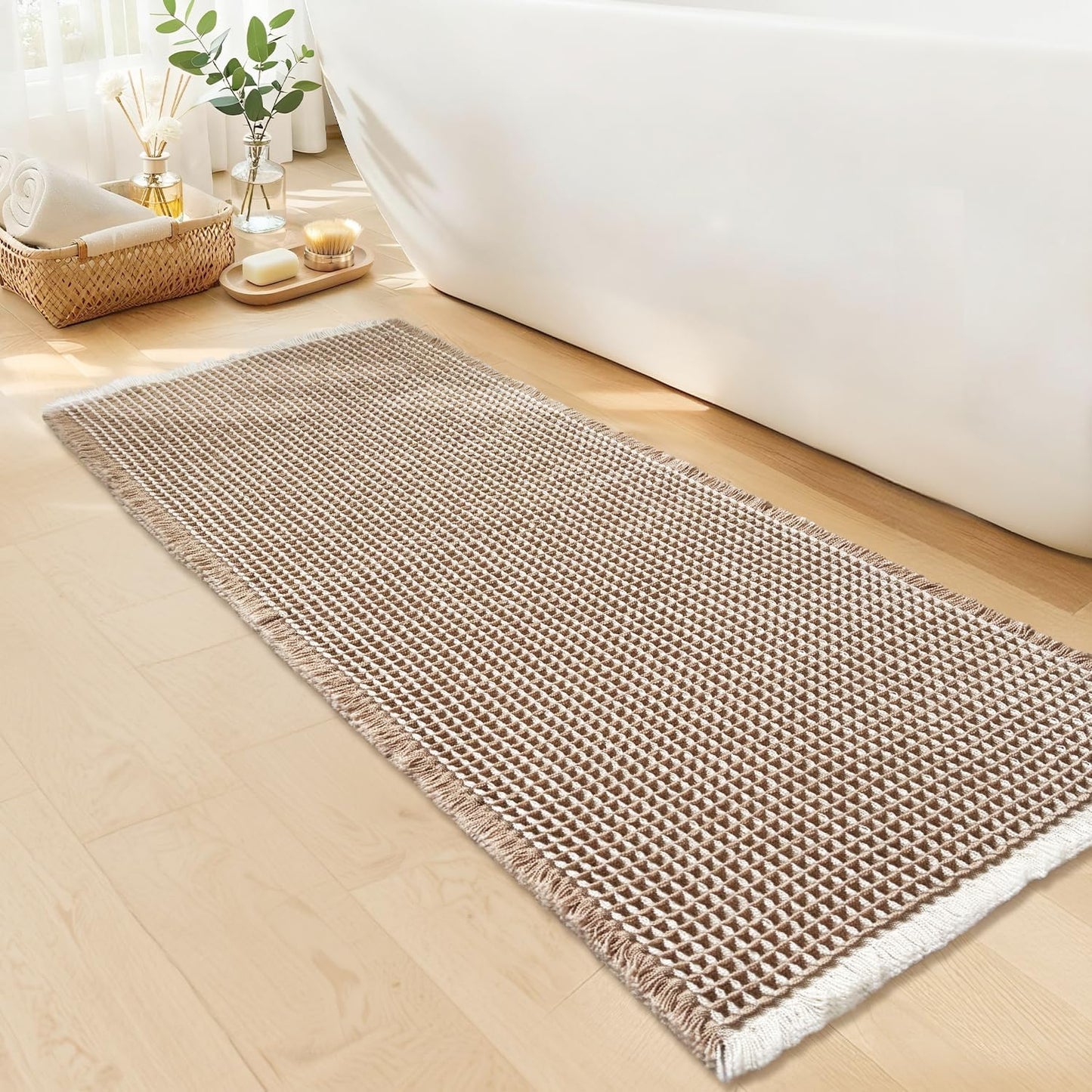 Waffle Runner Bath Mat - Long Boho Bathroom Rugs Non Slip Washable, Super Absorbent & Quick Dry, Soft Bath Mat Farmhouse Bathroom Decor, 24'' x 72'', Khaki and White