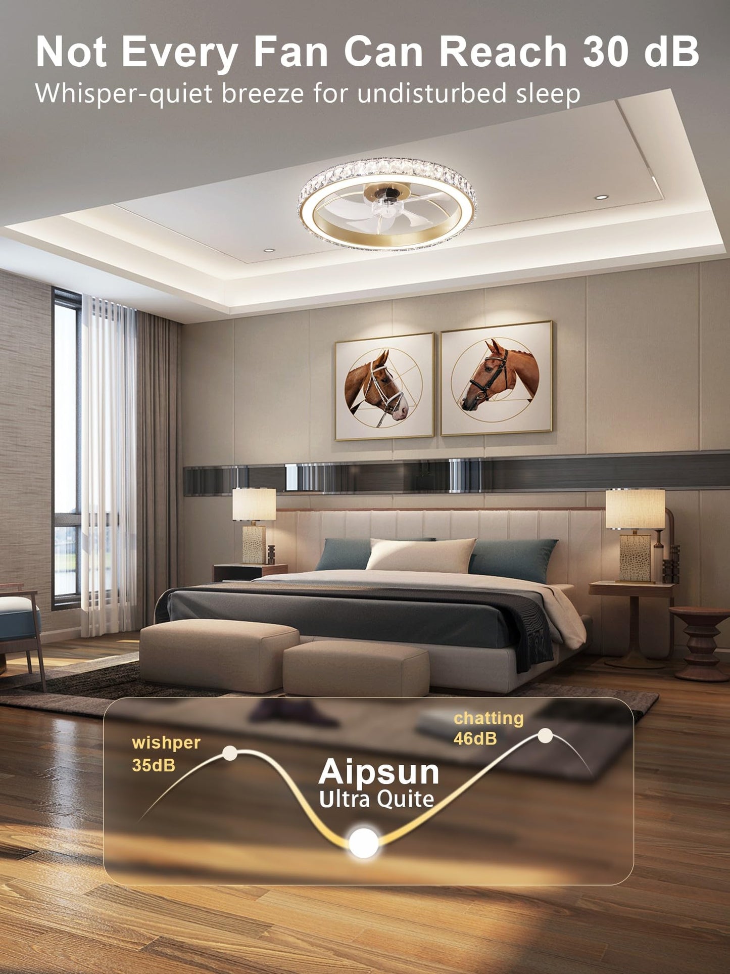 Aipsun Low Profile Modern Crystal Chandelier Ceiling Fans with Lights and Remote, 3000K-6500K Smart Bladeless LED Fan Light, 22" Gold Modern Ceiling Fans with Lights for Bedroom