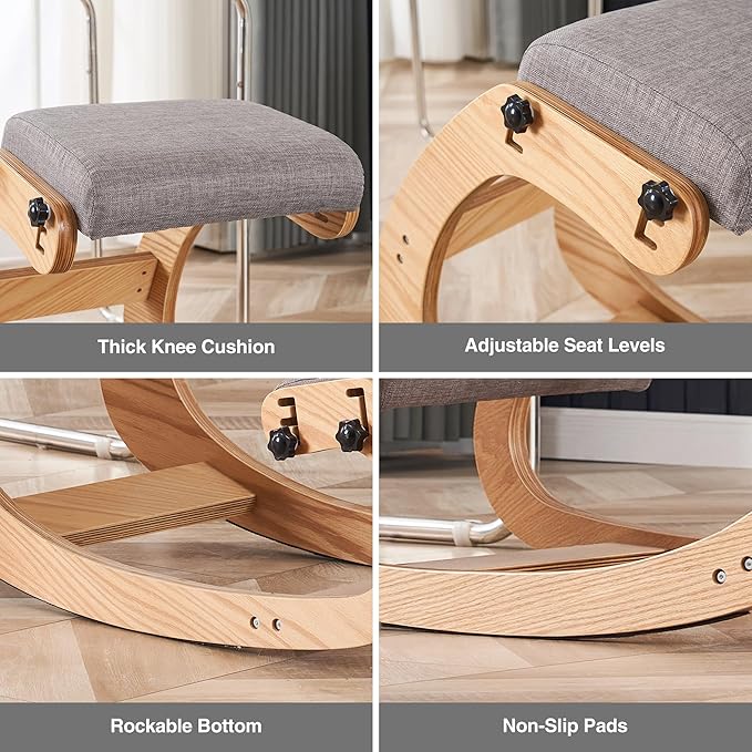 HoeuThien Ergonomic Kneeling Chair, Adjustable Rocking Office Chair Wooden Knee Chair Posture Chair for Home Office Back Pain Relief, Grey