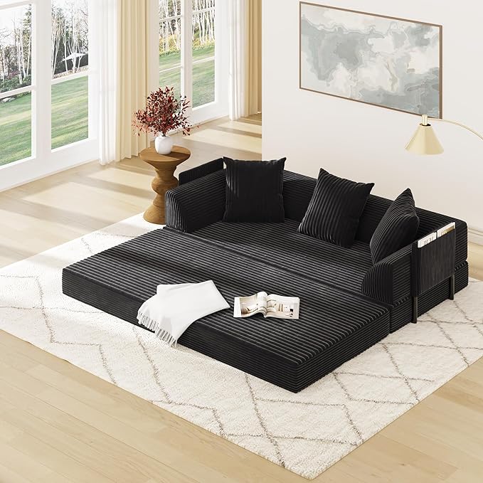 Folding Convertible Sofa Bed with 3 Pillows, 79 " Corduroy Boneless Couch with Armrest Pockets, Lounge Loveseat Sleeper with Pull Out Bed, Memory Foam Compressed Sofa for Living Room Bedroom, Black