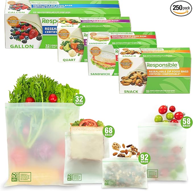 Resealable Zip Bag Value Bundle Pack - Certified Compostable (1 Box of Each - Sandwich, Snack, Quart, and Gallon) - 250 Total Bags Included