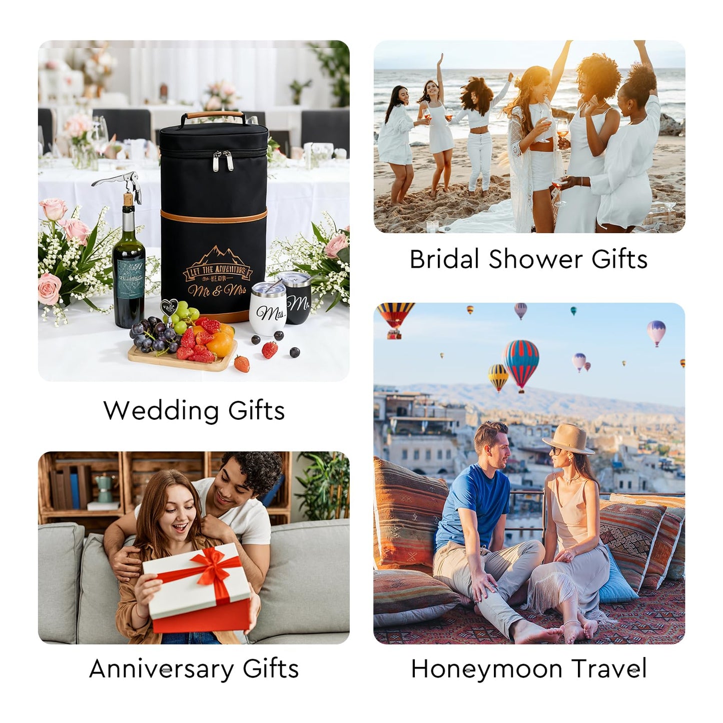 AW BRIDAL Wedding Gifts for Bride Groom, Mr and Mrs Wine Gift Basket for Engagement Bachelorette Party, Anniversary Insulated Wine Cooler Bag Tumblers with Accessories Set for Honeymoon Beach Travel