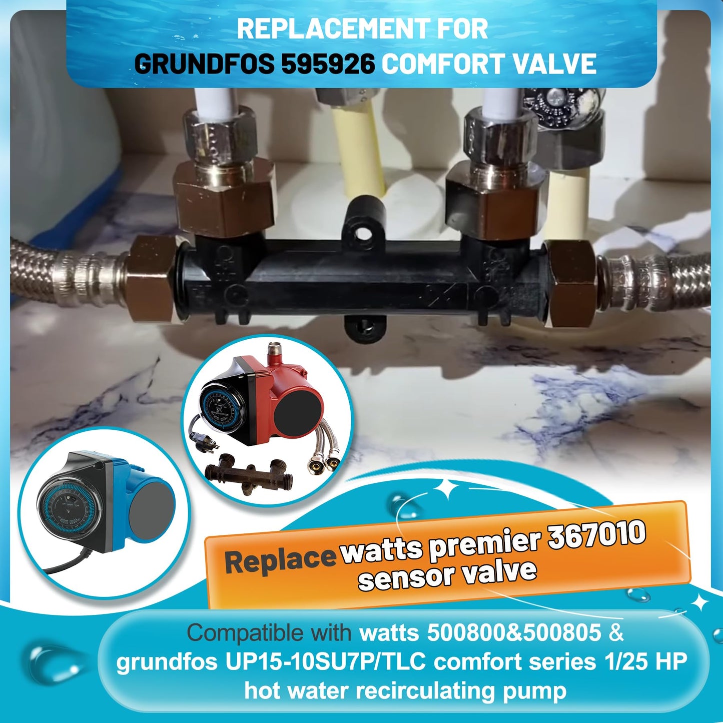 595926 Sensor Valve Fit for 500800&500805 and grundfos up Comfort Series Instant Hot Water Recirculating Pump System 367010 Thermal Bypass Bridge Valve Five Year Warranty