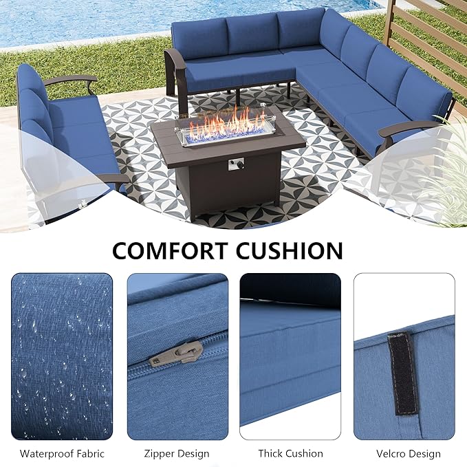 RTDTD Aluminum Outdoor Patio Furniture Set,11 Seats Patio Conversation Sets with 45" Propane Fire Pit Table,Metal Patio Sectional Furniture Set with 5.1" Thickened Cushions,Navy Blue