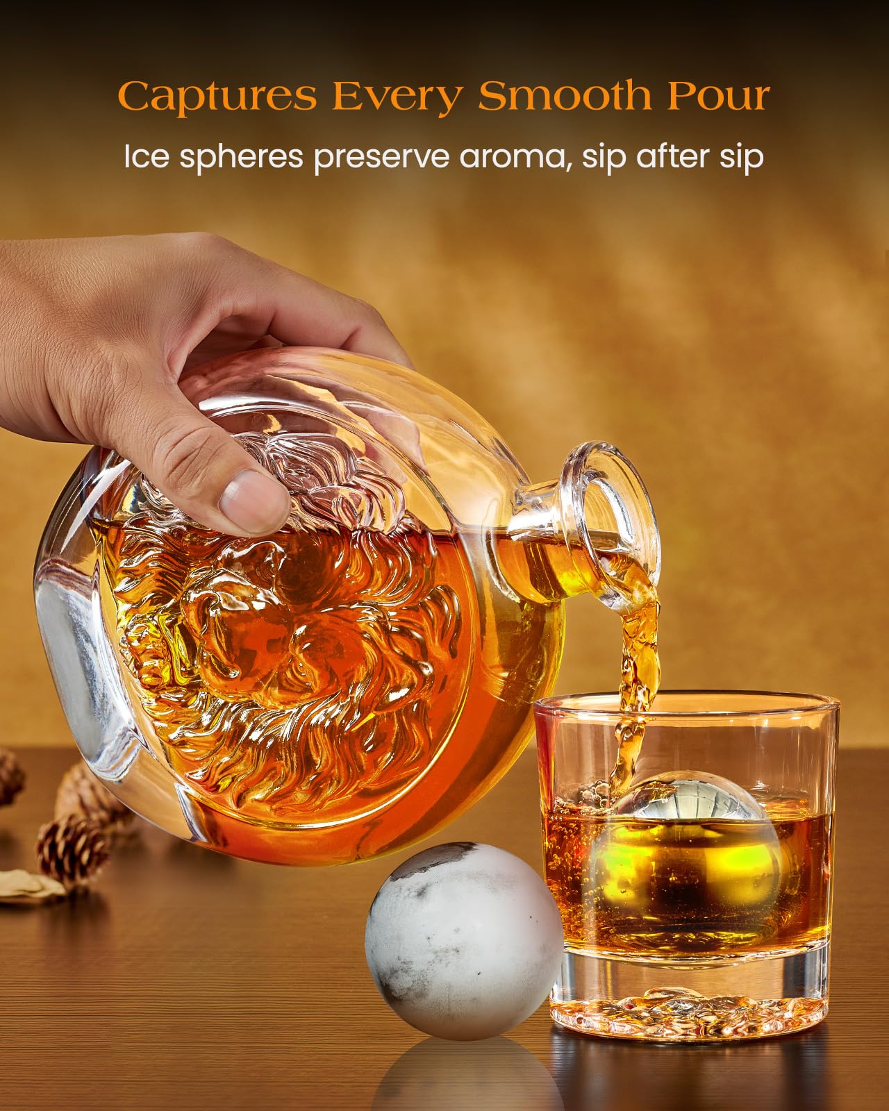 Engraved Lion Whiskey Decanter Set Gift for Men, Including 2 Lion-Engraved Shot Glasses & 2 Whiskey Ice Balls, Unique Christmas Birthday Gifts for Men Dad Husband, Cool Whiskey Set for Husband Brother