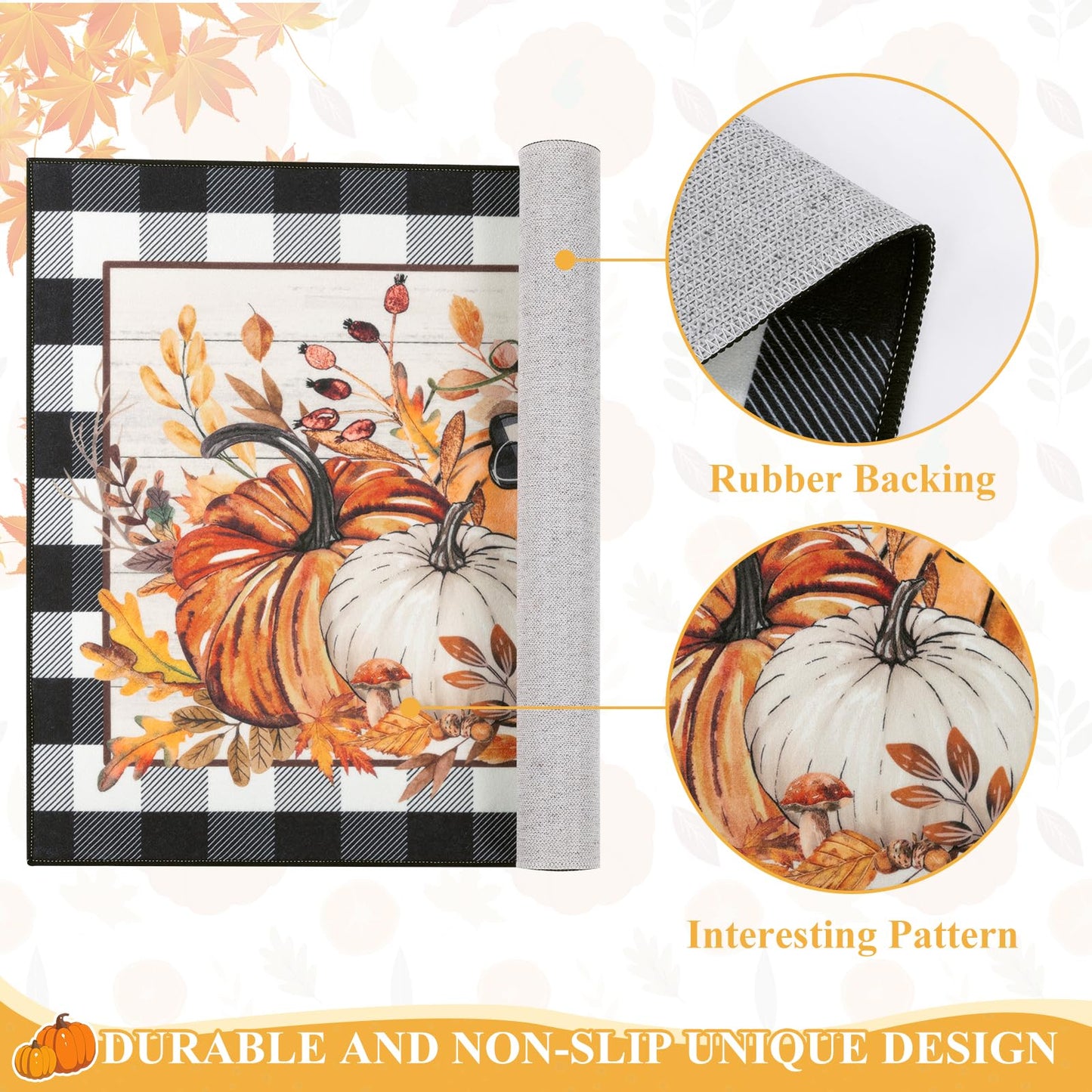 SHACOS Fall Orange and Blue Pumpkin Rugs 32x48 Buffalo Plaid Leaves Autumn Harvest Front Door Mat Non-Slip Entrance Floor Mat Thanksgiving Day Decorations for Home, 2'8" x 4'
