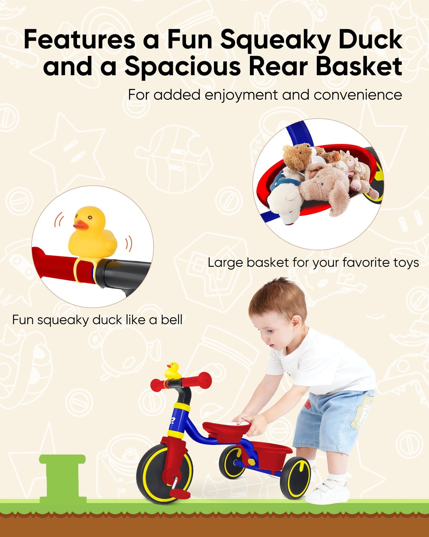 RIDYEE Tricycle for Toddlers 1.5-3 Years, Tricycles for 18 Mos to 3 Years with PU Tires, Stable Riding on Any Surface, Toddler Tricycle with Adjustable Seat, Non-Sharp Edge Design, Large Basket, Blue