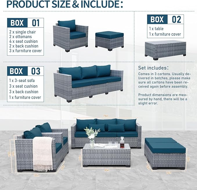 Lviden 6 Pieces Wicker Patio Furniture Sets Outdoor Conversation Set HDPE Rattan Sectional Sofa Couch with Storage Table and Peacock Blue Cushions