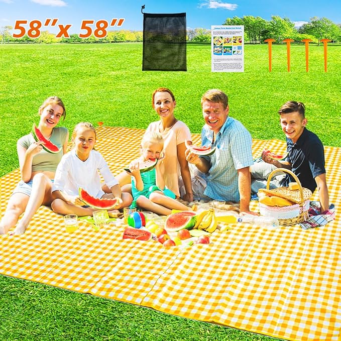 ZHUYNXIR Extra Large Picnic, Waterproof Blanket, Gingham Picnic Mat for Beach, Camping Grass Picnic Blankets. (Yellow 58x5...