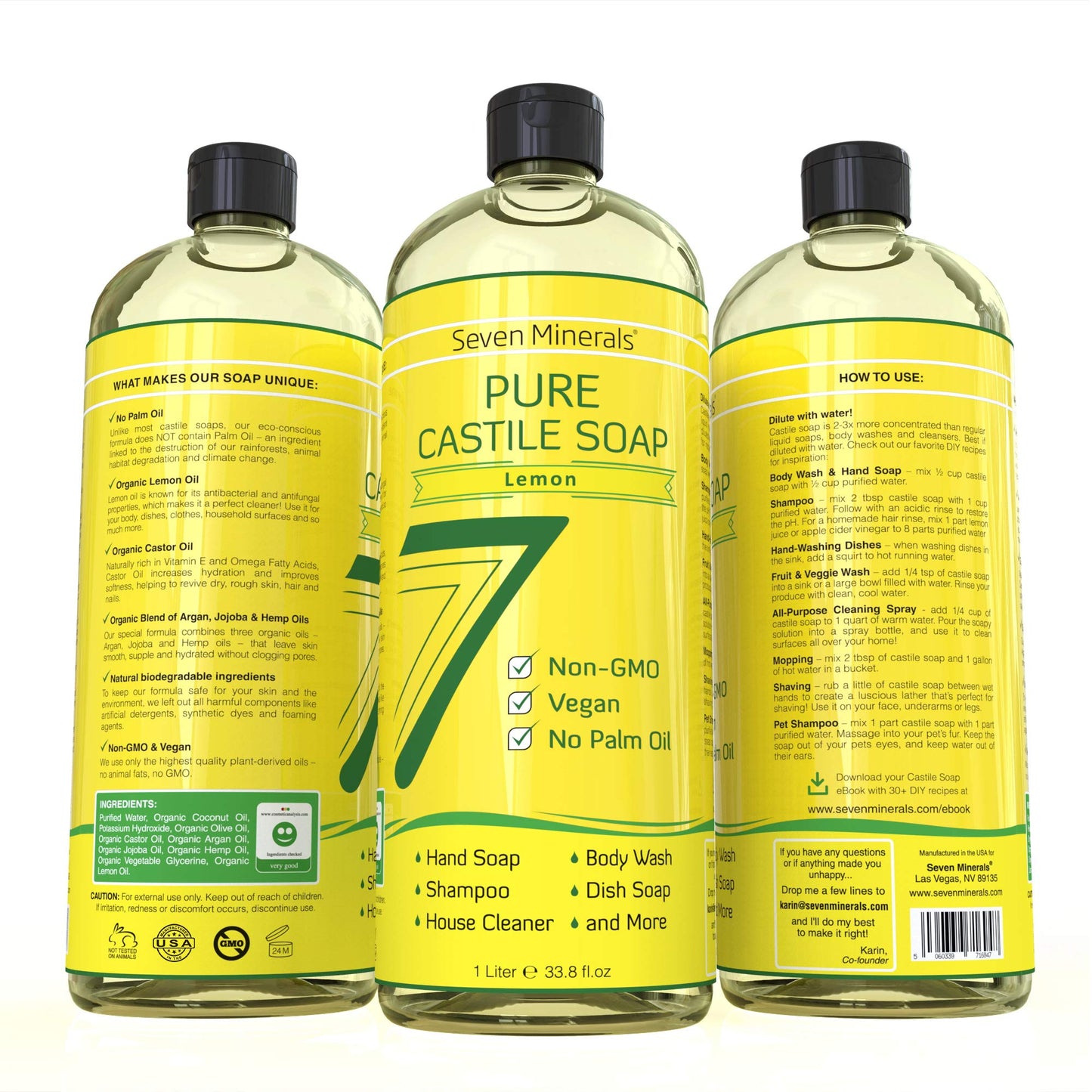 Pure Castile Soap, Lemon - No Palm Oil, GMO-Free - Gentle Liquid Soap For Sensitive Skin & Baby Wash - All Natural Vegan Formula