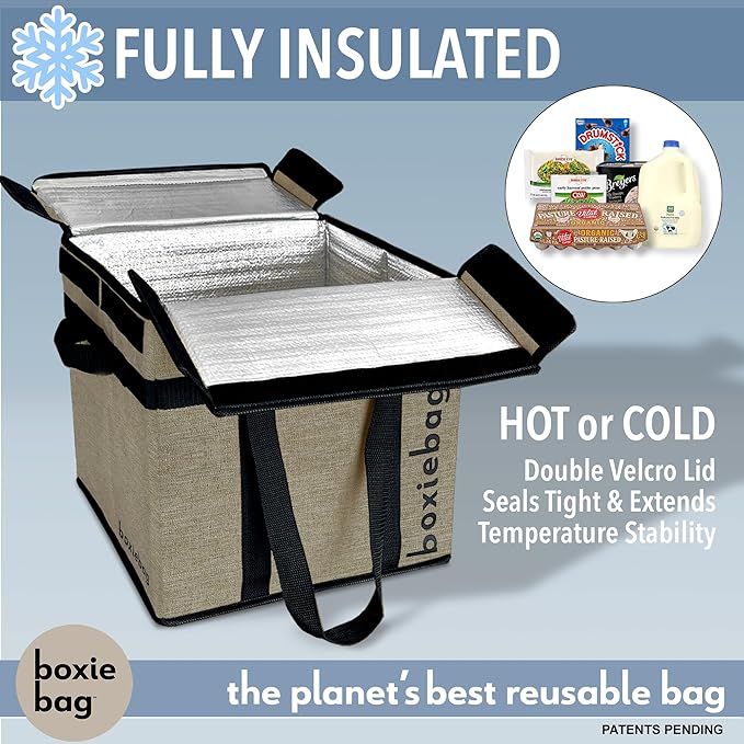 Reusable Grocery Bags (3-Pack) – Durable Reusable Shopping Bags Boxes. Insulate, Stand Up, Stay Open, Fold Flat – Large Tote Bag with Long Handles & Reinforced Bottom. 2 Year Warranty.