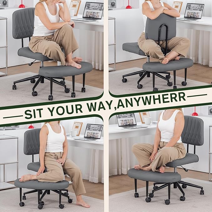 Ergonomic Cross Legged Office Chair with Wheels, Wide Seat and Backrest for Meditation, ADHD Cross Legged Office Chair with Adjustable Height, 360°Rotating Footrest for Yoga Home Office