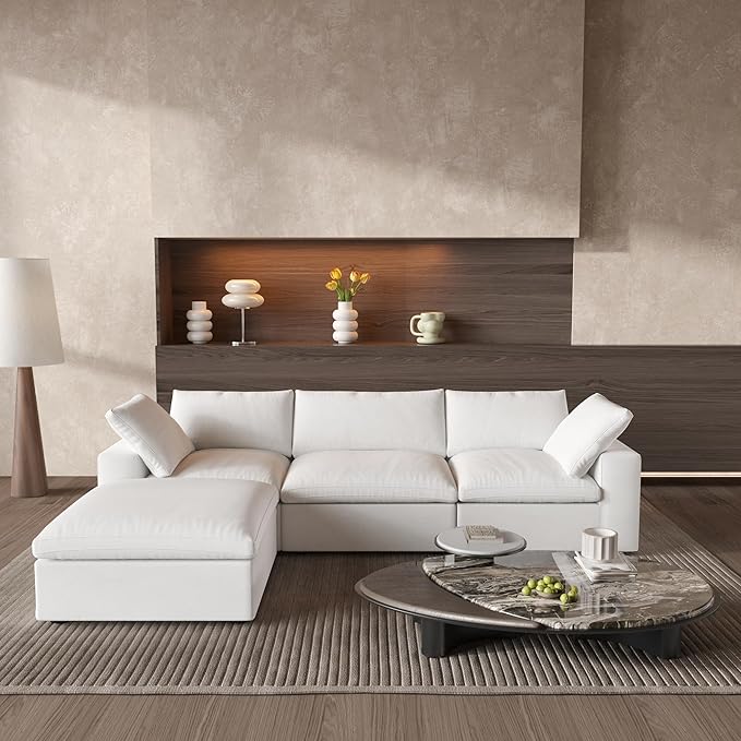 Cloud Couch Modular Sectional Sofa with Storage Ottoman,L Shaped Couch for Living Room,120.45inch Down Filled 4 Seater Convertible Sectional Sofas,Covers Washable&Replaceable (White)