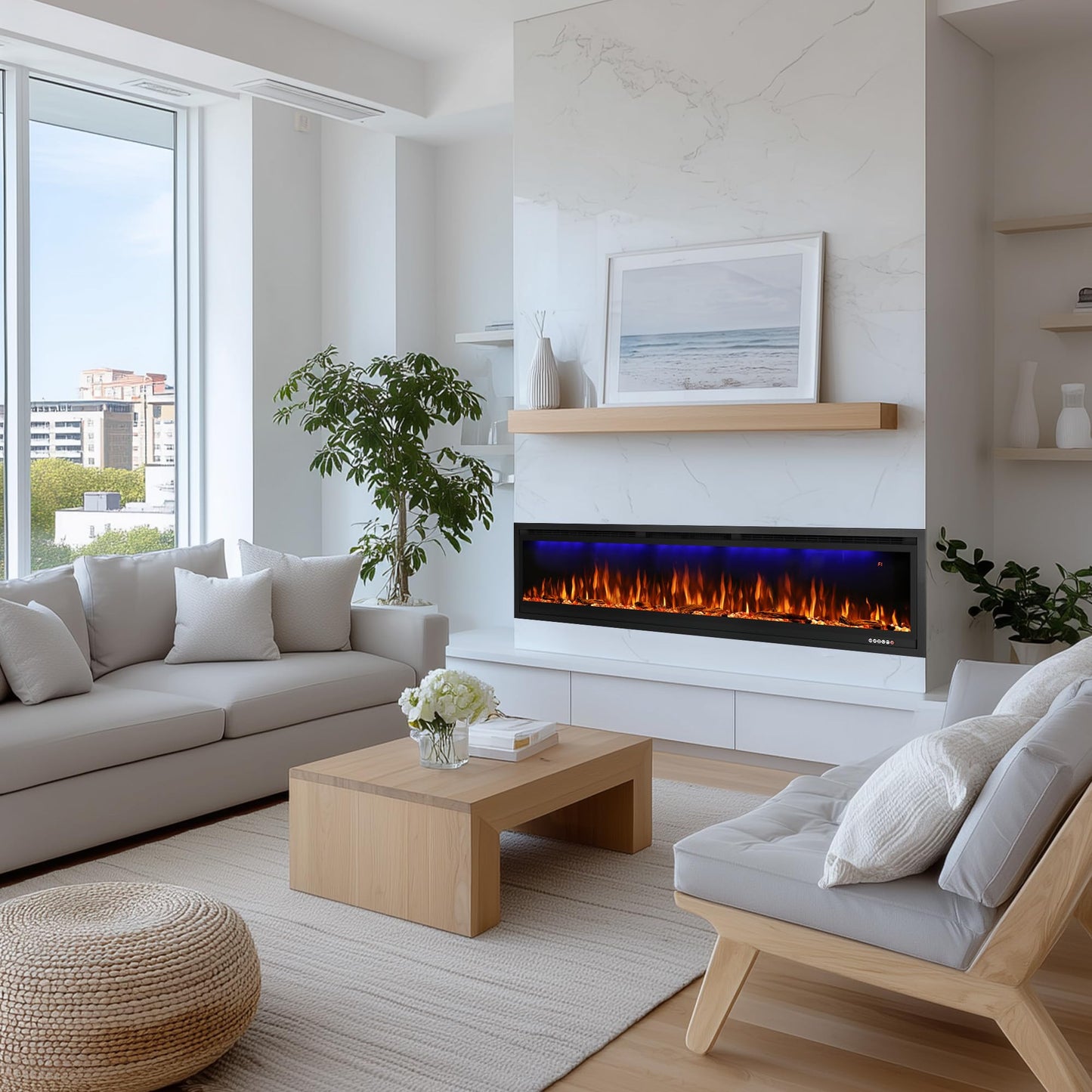 Rodalflame 60" WiFi-Enabled Electric Fireplace Insert, APP Smart Control, Wall Mounted&Recessed Linear Fireplace Heater with Thermostat, Flame&Top Lights, Log&Crystal, Timer