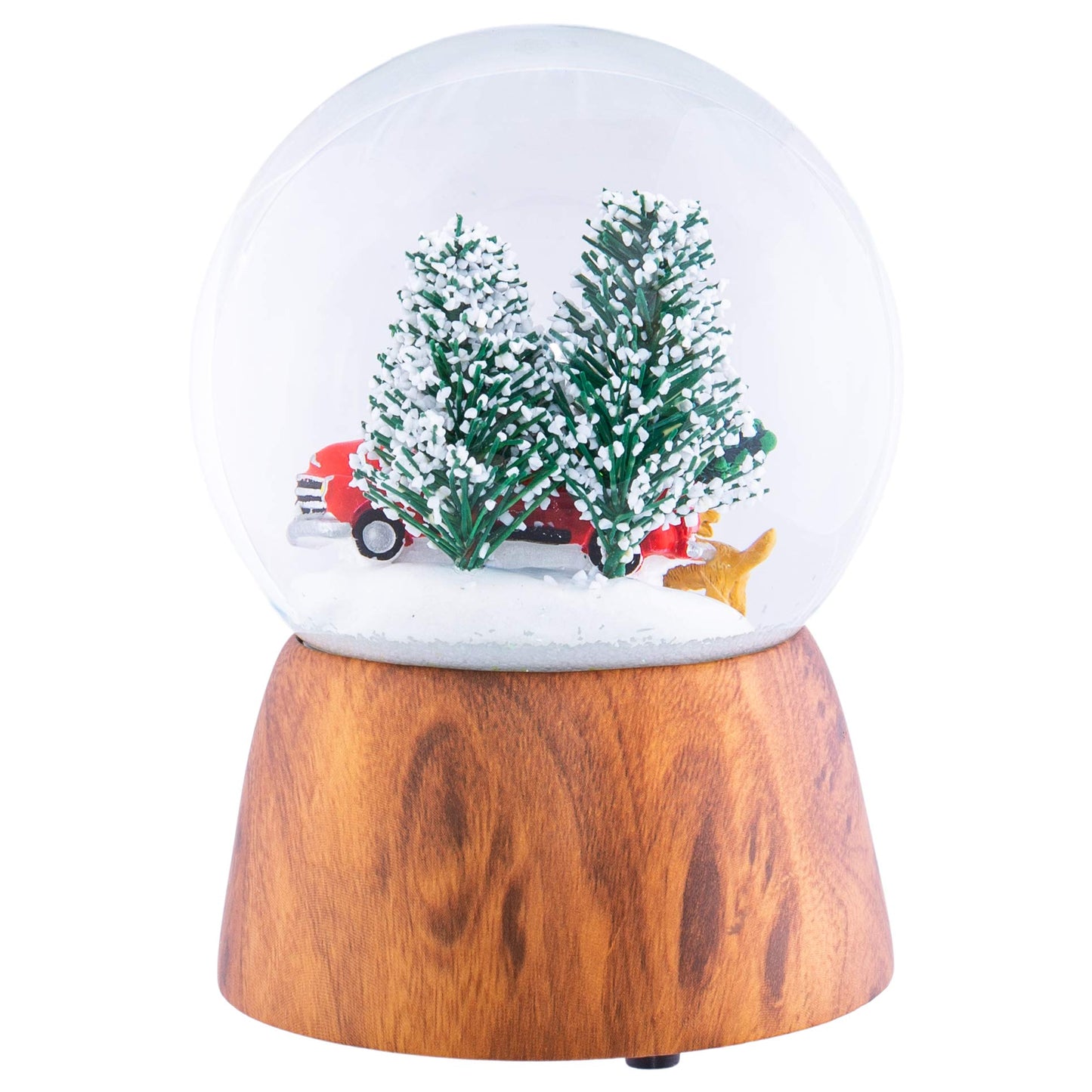 Red Truck With Dogs Cherry Woodgrain 6 x 4 Resin and Metal Holiday Musical Snow Globe