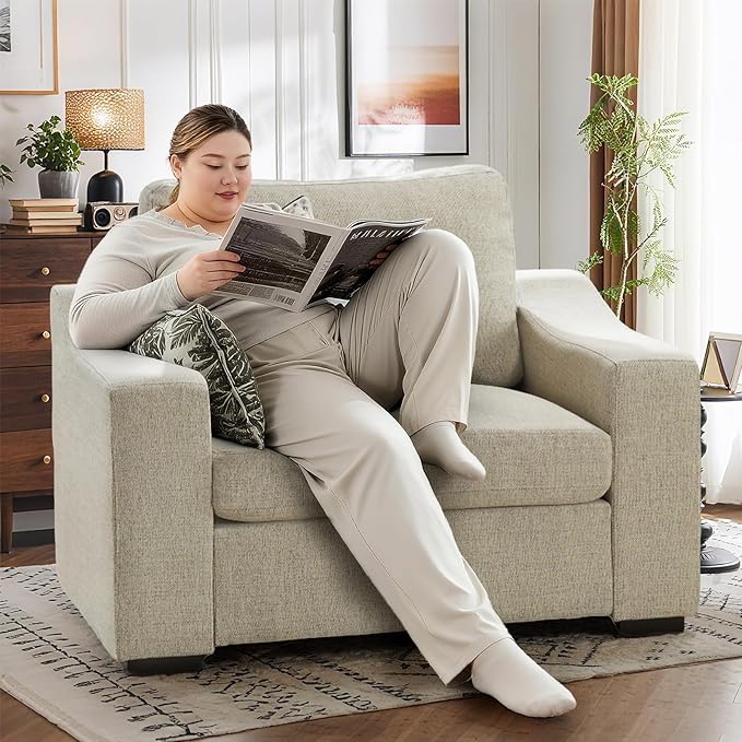 ELUCHANG 47" Oversized Accent Chair Set of 2, Linen Fabric Modern Chair with Washable Covers, Comfortable Upholstered Large Armchair for Living Room, Bedroom, Office, Oatmeal