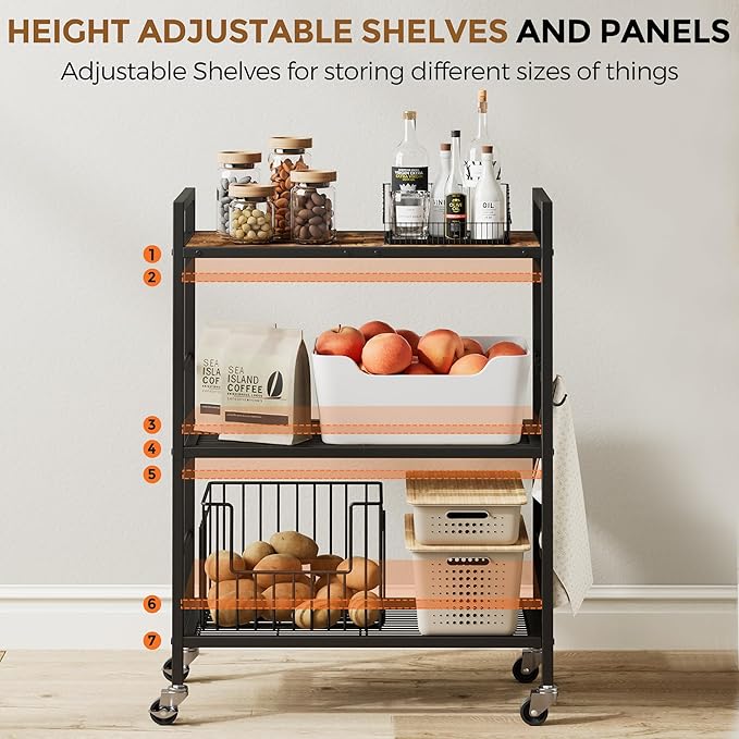 XIVIRACK 3-Tier Metal Storage Rack with Industrial Wheels,Mesh Shelving Unit with Wooden Table top,Adjustable Shelf,23.6-Inch Width,15.8-Inch Depth, for Kitchen, Laundry,Pantry,Plant,Black