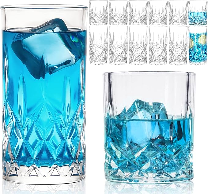 Claplante Drinking Glasses, 12 Piece Crystal Glass Cups, Mixed Glassware Set, 6 pcs Crystal Old Fashioned 11oz Highballs a...