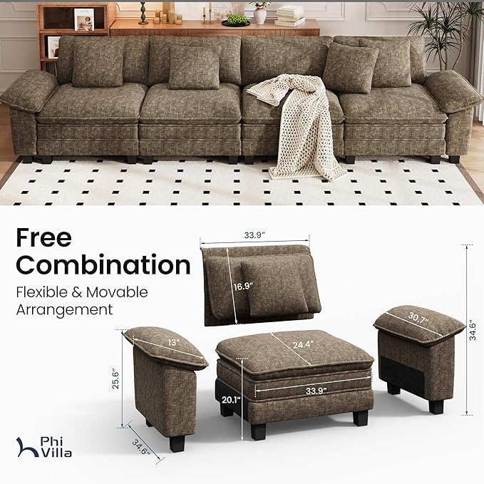 PHI VILLA Cloud Modular Couches Sets, 157.5" Sectional Sofa with Upholstered Deep Seat, 4-Seater Long Couches for Living Room Apartment, Chenille Fabric, Taupe