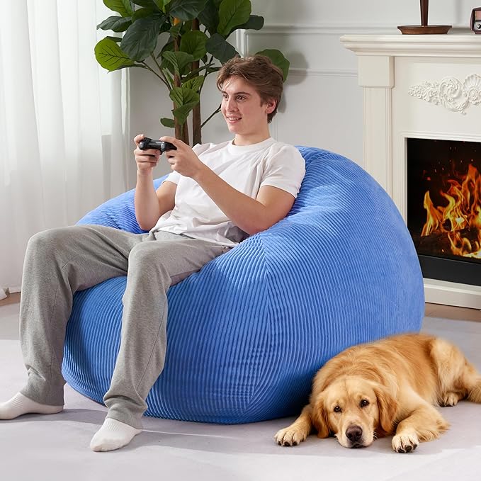 Homguava 4FT Bean Bag Chair for Adults,Teardrop Bean Bags Big Beanbag Chair with Memory Foam Filled and Ultra Soft Removable Corduroy Cover for Living Room, Bedroom (Blue)