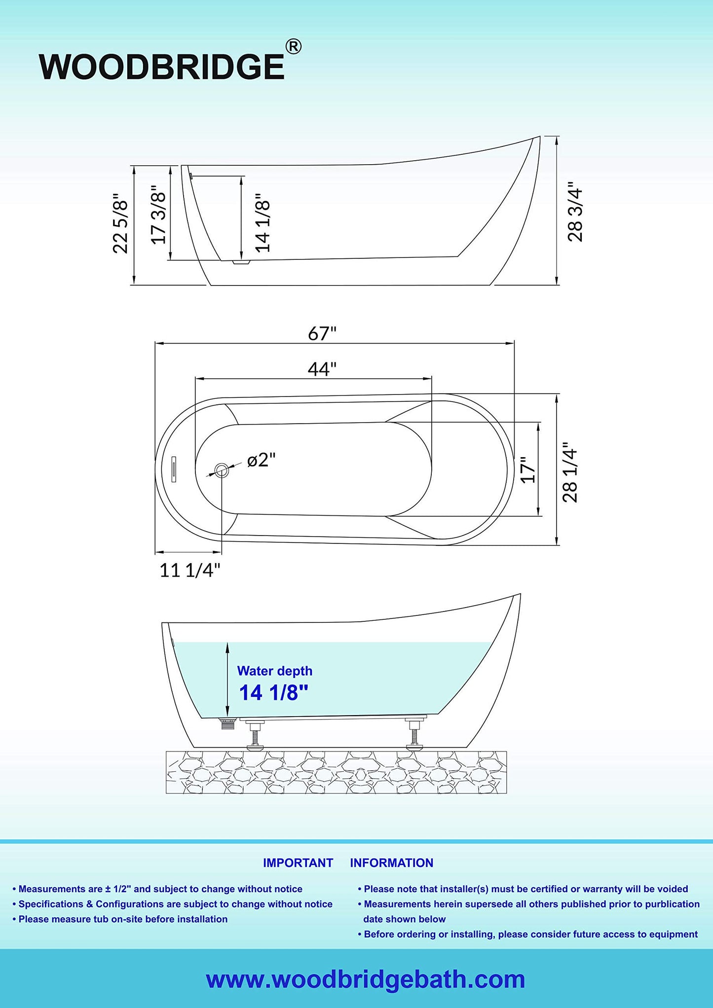 WOODBRIDGE 67"Freestanding White Acylic Soaking Bathtub with Brushed Gold Drain and Overflow,BTA1508 -BG-Drain &O