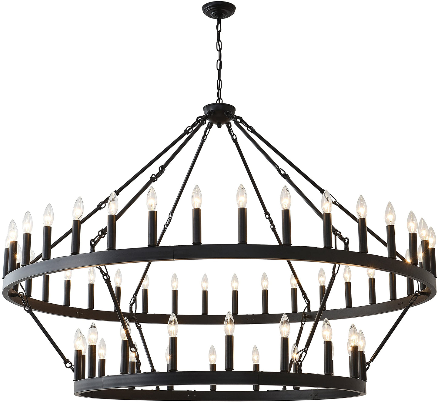 JKLX 60 Inch Large Black Wagon Wheel Chandelier,2 Tier 54-Lights Farmhouse Industrial Country Style Round Pendant Light Fixture for Outdoor Porch high Ceilings Living Dining Room Foyer Entryway