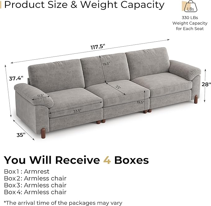 SITJOY 118" Oversized Sectional Couches for Living Room, Extra Large Deep Seat Modular Sofa with Washable Covers, Wide Couch, 3 Seater Couch, Chenille in Light Gray