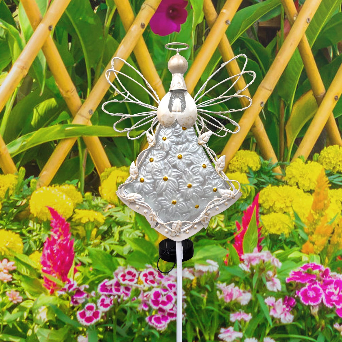 COOZZYHOUR 38Inch Angel Solar Lights Outdoor Decorative-Metal&Glass Angel Hydrangea Flower Garden Stake Lawn Light- Waterproof 30 Warm White LED for Remembrance Gifts & Grave Decorations (White)