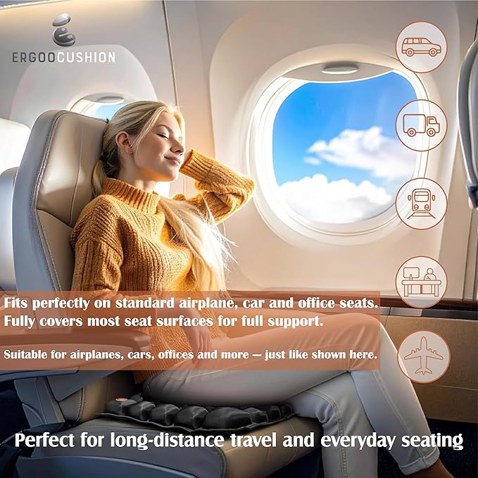 ERGOOCUSHION Inflatable Seat Cushion for Airplane & Travel – Portable Inflatable Pad with Built-in Pump, Adjustable Firmness, Tailbone & Back Pain Support, Carry Bag Included