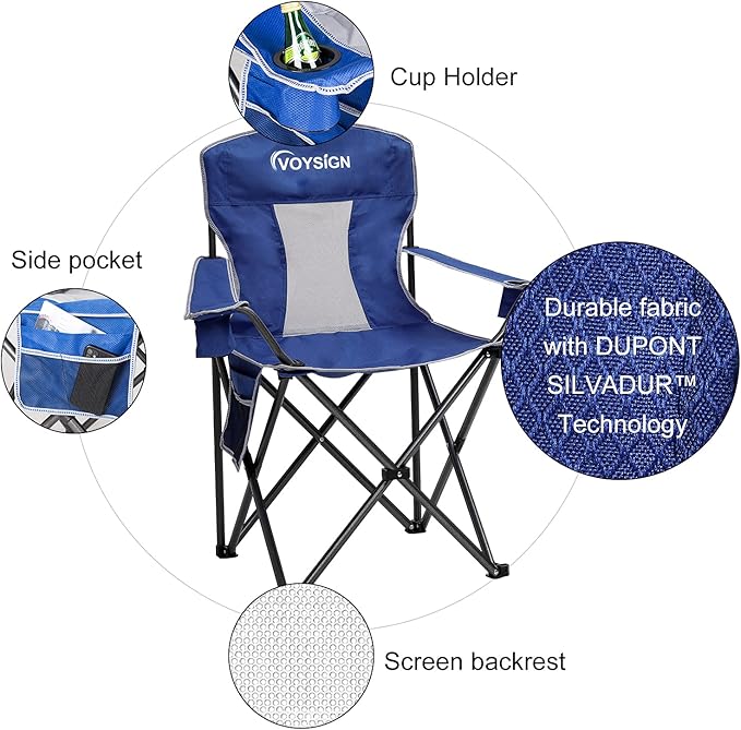 VOYSIGN Mesh Folding Camping Chairs for Adults, Oversized Portable Outdoor Chairs, Weight Capacity 325 lbs with Cup Holder, Storage Pocket, Carry Bag