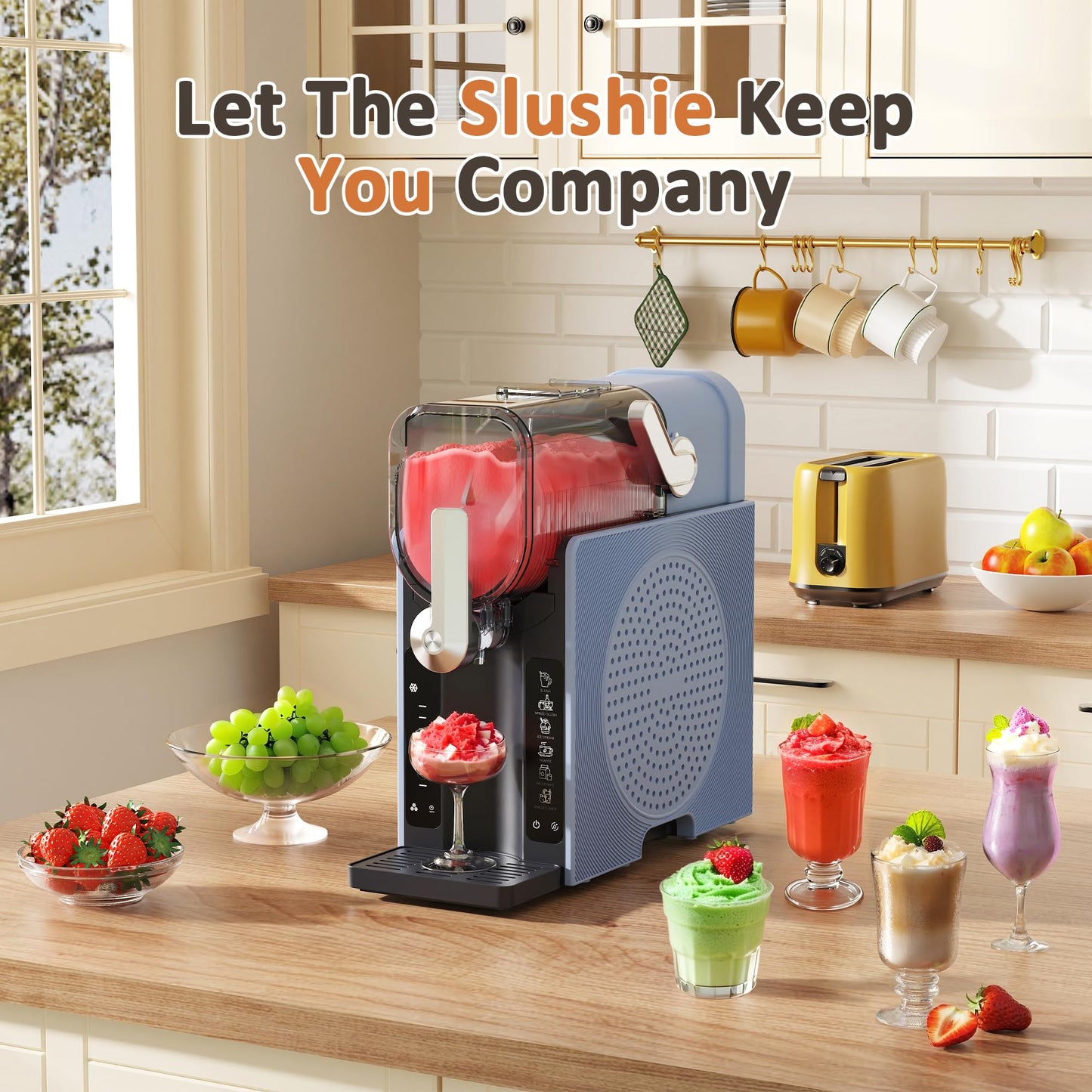 Slushie Machine, Slushy for Home No Ice Need, Soft Serve Ice Cream Maker & Margarita Machine, Auto-Cleaning, 6 Presets for Milkshakes, Frappés, Frozen Drink and More, 1 Insulated Cup,Blue,