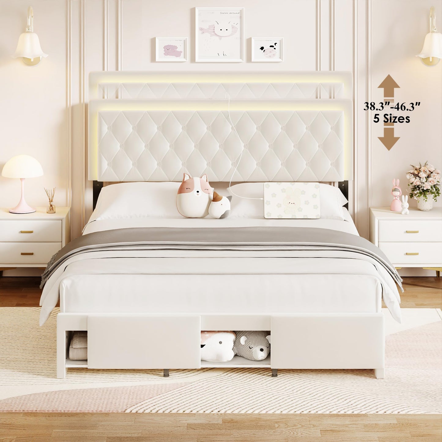 MARMONS Queen Size Bed Frame, LED Queen Bed Frame with Headboard and Storage Cabinets, Upholstered Velvet Bed Frame Queen with Charging Station, Wooden Slats Support, No Box Spring Needed, White