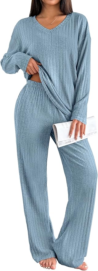 Ekouaer Lounge Sets for Women Long Sleeve Knit Ribbed Pajama Sets 2 Piece Casual Loungewear with Pockets