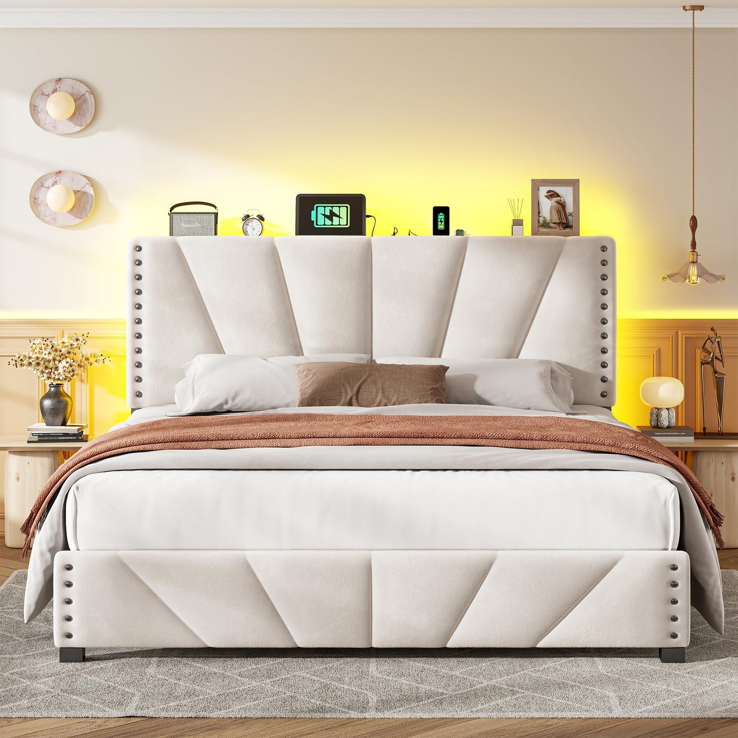 EnHomee Queen Bed Frame with Velvet Headboard and LED Lights, Storage Headboard with Charging Station, Bed Frame Queen Size with Sturdy Wooden Slats Support, Noise-Free, Easy Assembly, Beige