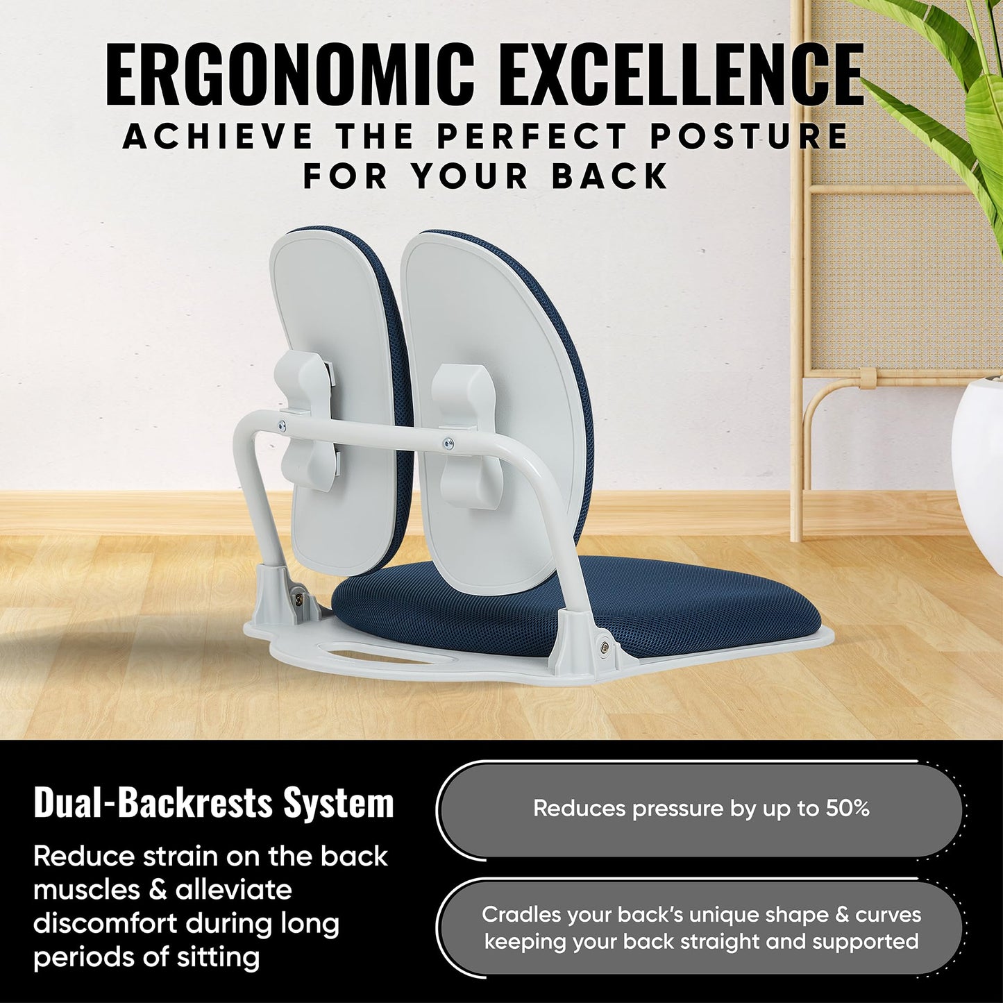 Made in Korea Dual-Backrests Ergonomic Floor Chair With Back Support - Meditation, Gaming, Reading Chair for Adults, Foldable (Blue)