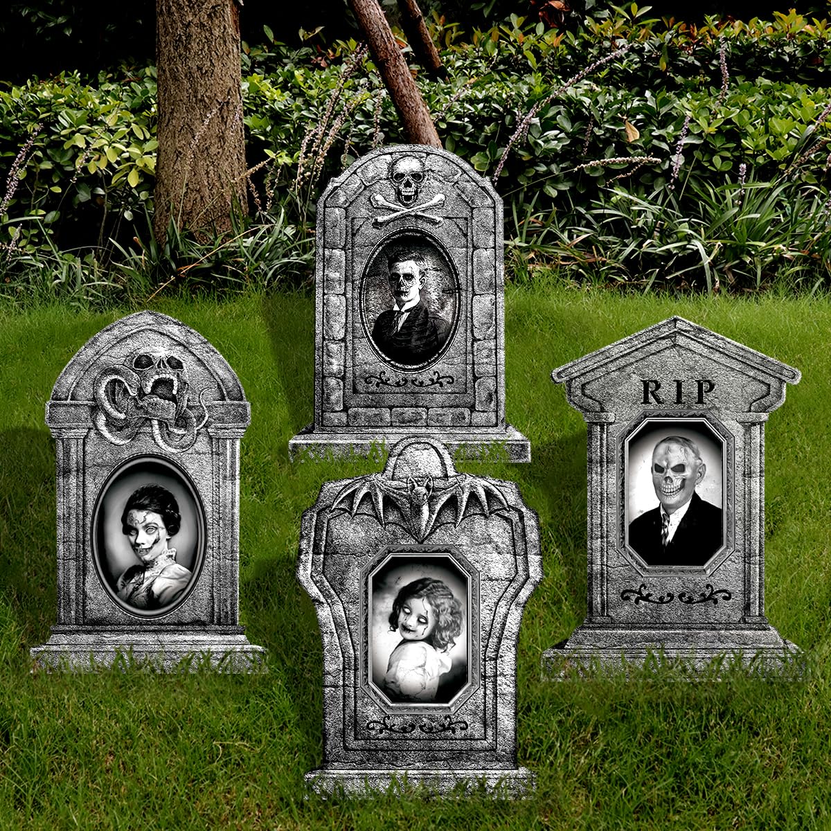 Graveyard Tombstones Halloween Decorations Outdoor: 4pcs Large Gravestones Yard Signs with Scary 3D Changing Face Photo, 17" Realistic RIP Skeleton Tombstones, Waterproof Cemetery Graves Decor Outside
