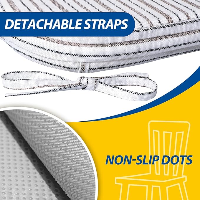 AAAAAcessories D-Shaped Chair Cushions, 2" Thick Dining Chair Pads with Ties and Removable, Machine-Washable Cover, 17" x 16", Pinstripe Brown