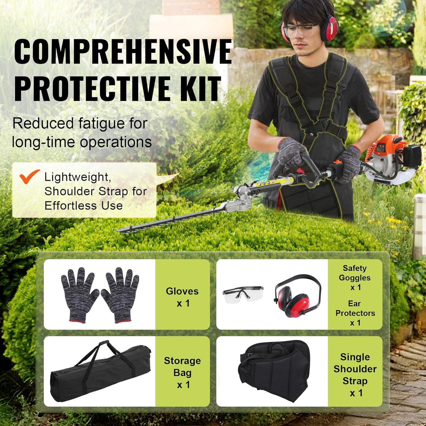 VEVOR 43cc 6-in-1 Multi-Functional Trimming Tool, Hedge Trimmer, Weed Eater, String Trimmer, Brush Cutter, Edger, Pole Saw Chainsaw Pruner with Extension Pole, w/EPA, CE and EMC Certification