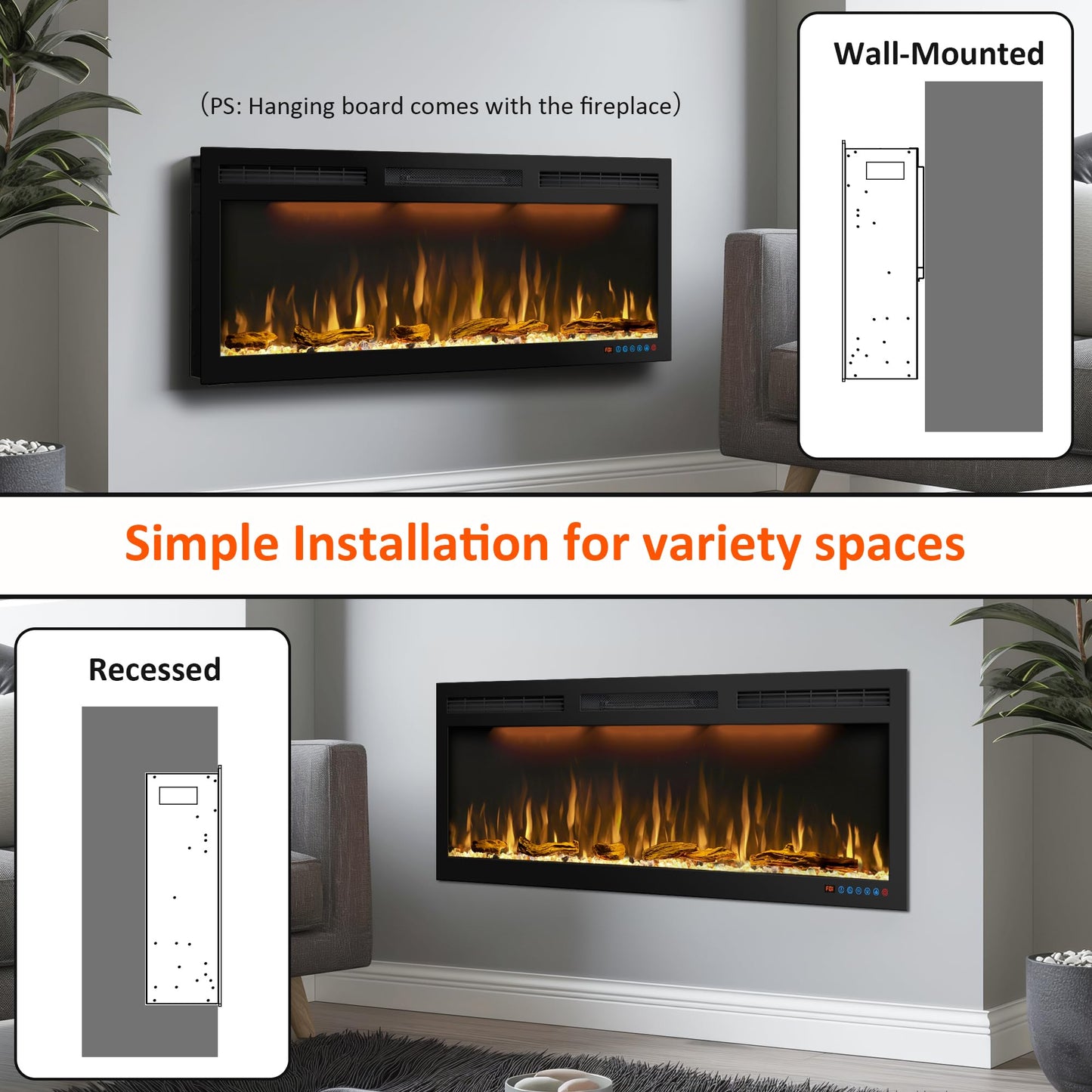 50 inches Electric Fireplace, Recessed and Wall Mounted Fireplace Heater and Linear Fireplace Inserts, with Timer, Remote Control, Adjustable Flame & Light Colors, 750W/1500W, Black
