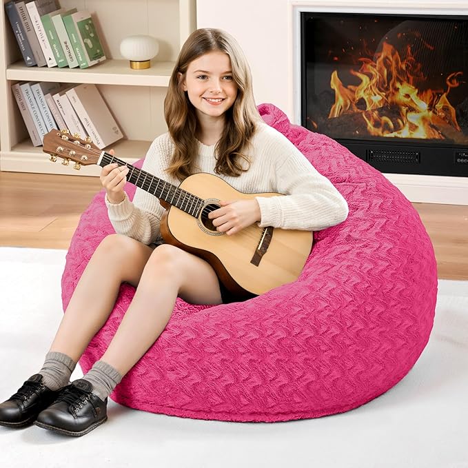 2FT Bean Bag Chair,Giant Bean Bag Chairs for Adults,Big Bean Bags with Memory Foam Filled, Large Beanbag Chairs with Chevron Plush Cover-Pink