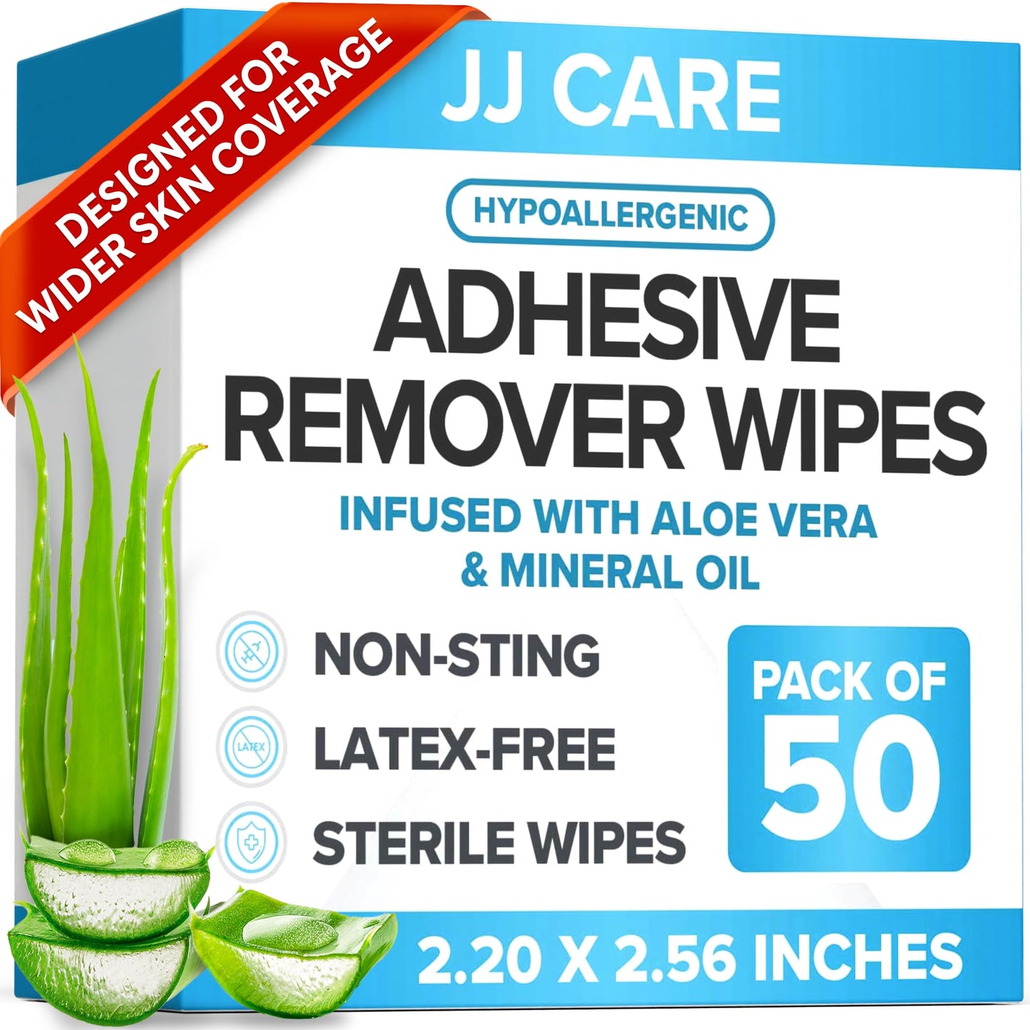 JJ CARE Adhesive Remover Wipes (Pack of 50) 2.2” x 2.56 Inches, Adhesive Remover for Skin, No Sting Medical Adhesive Remover, Ostomy Adhesive Remover for Sensitive Skin - Individually Packed