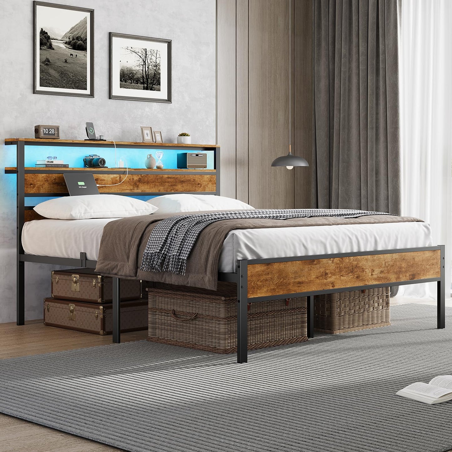 Hasuit Full Bed Frame with Headboard, LED Lights and Charging Station, Metal Platform Bed Full Size with Heavy Duty Slats, Under Bed Storage, Fast Assembly, No Box Spring Needed, Noise Free