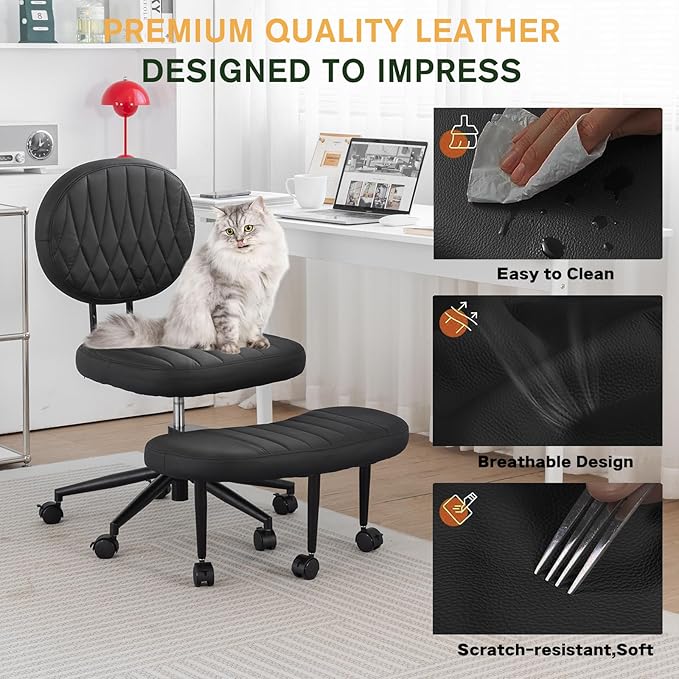Ergonomic Cross Legged Office Chair with Wheels, Wide Seat and Backrest for Meditation, ADHD Cross Legged Office Chair with Adjustable Height, 360°Rotating Footrest for Yoga Home Office