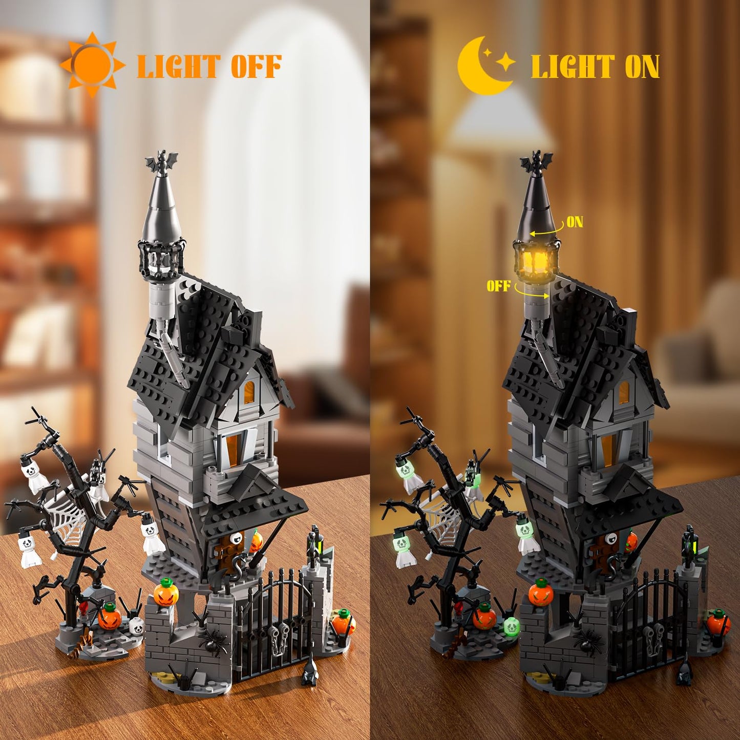 itshWOee Halloween Haunted House Building Set, Before Christmas Haunted Mansion with Light, Luminous Ghost Pumpkin Bat Withered Tree Spider Decor, Halloween for Fans, Adults Kids