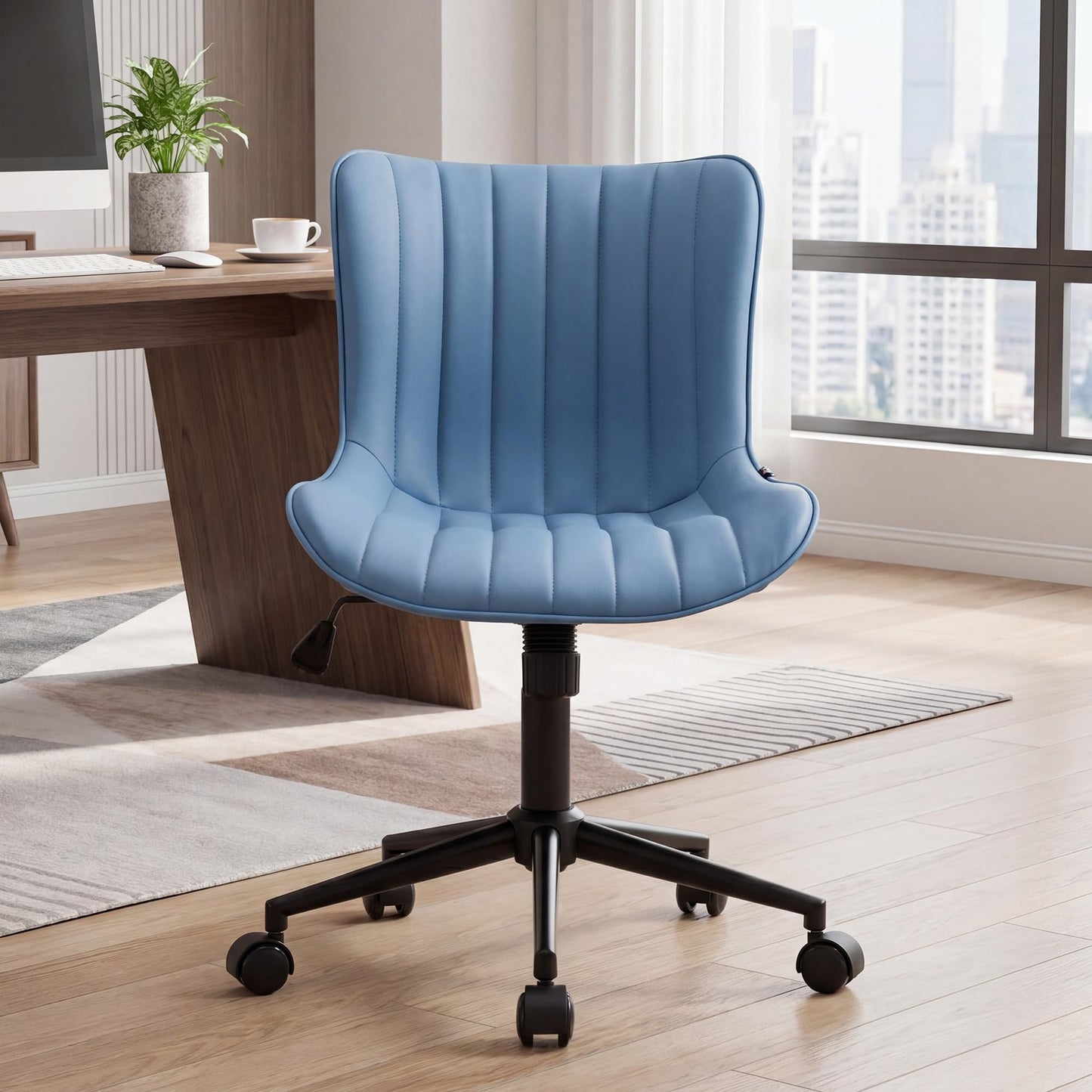 Kidol & Shellder Blue Leather Home Office Desk Chair with Wheels Modern Cute Armless Executive Swivel Vanity Chair with Comfy Padded Back Ergonomic Rolling Adjustable Computer Task Chair Small