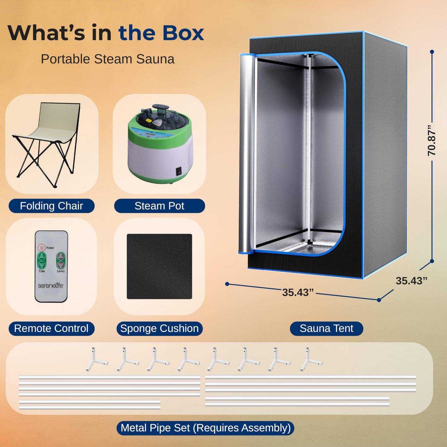 SereneLife Portable Sauna Box for Home, Steam Tent with Extra Large 4L Steamer - Includes Folding Chair, Remote Control w/ 9 Heat Levels for in-Home Spa - 2.9' x 2.9' x 5.9'