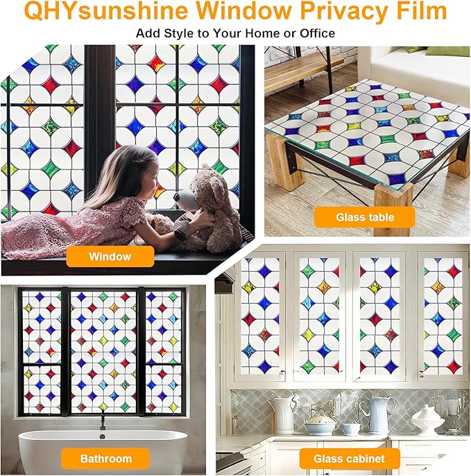 Stained Glass Window Film - Non-Adhesive Colorful Privacy Film | Privacy Protection, Reusable & Renter Friendly | Perfect for Bedroom/Bathroom Room Decor (Frosted Mosaic, 35.4 X 78.7 in)