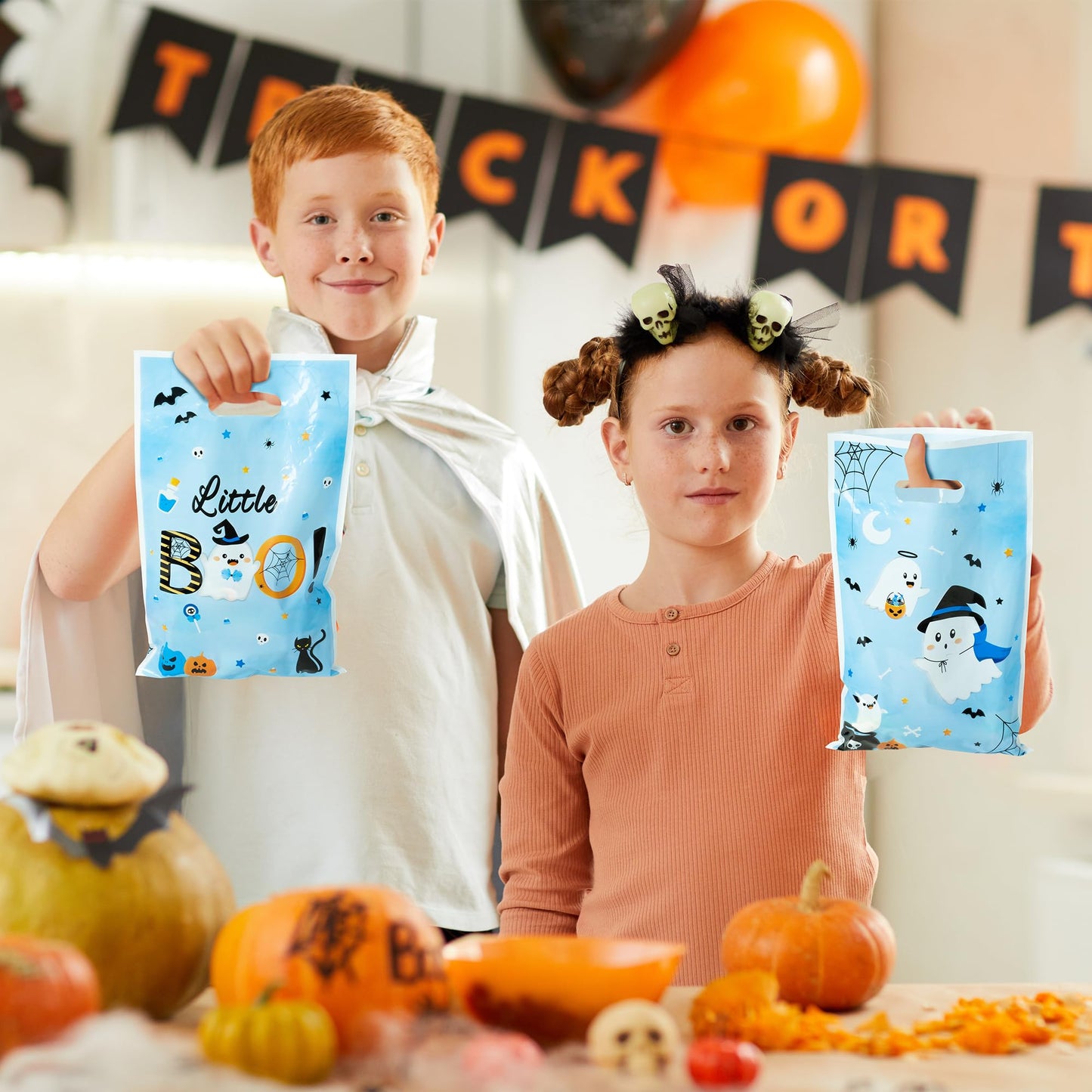 Haooryx Bule Little Boo Favor Bags - 50Pcs Halloween Little Ghost Plastic Gift Bag Birthday Party Gift Warp Goodie Candy Treat Bags for Halloween Party Kids Boy Birthday Baby Shower Party Favor Supply