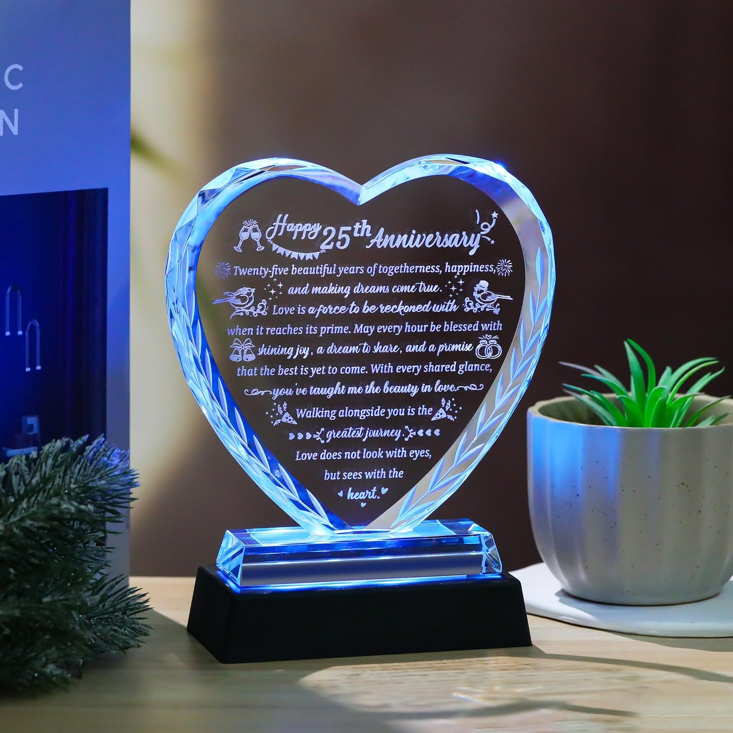 25th Wedding Anniversary Crystal Gifts for Couples, Romantic Heart Happy Silver Anniversary Keepsake Gift for Wife Husband with LED Light Base, 25 Years of Marriage for Her Him Party Decor